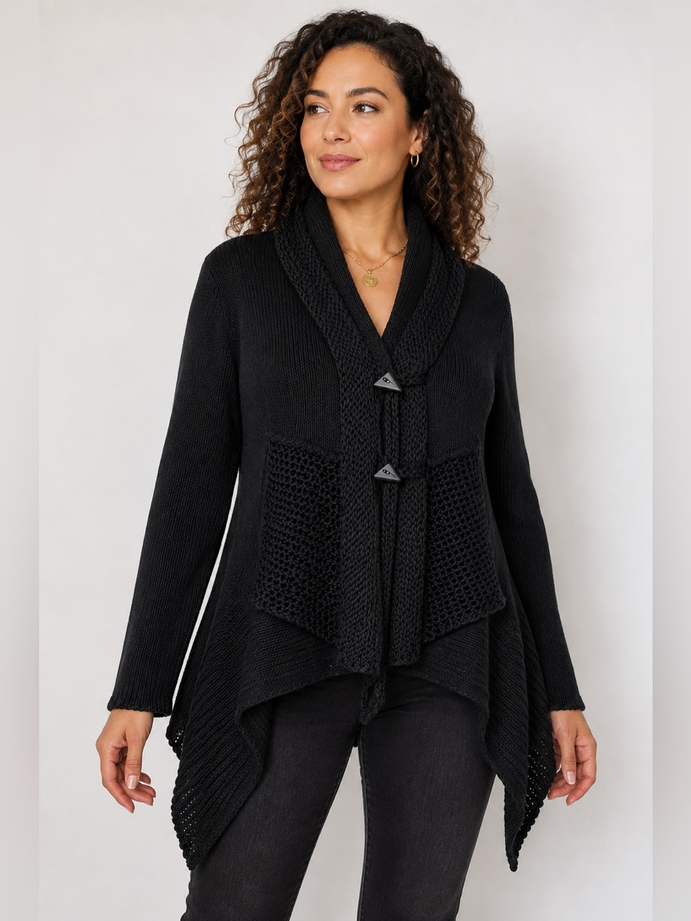 Zuza Bart XL Black 100% Linen Cardigan Asymmetrical Toggle Lagenlook Art to Wear - Picture 2 of 9